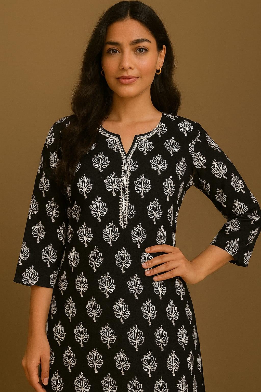 Black With Printed White Pretty Kurta